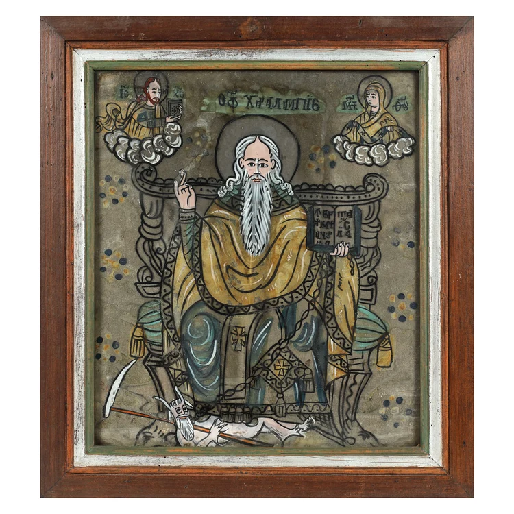 Icoană pe glajă, Sfântul Haralambie pe tron, legând ciuma, ramă pictată, atelier transilvănean, prima jumătate a sec XIX, piesă rară, provine din colecția familiei ieșene Leon Sculy Logotheti (1) jpg jpeg