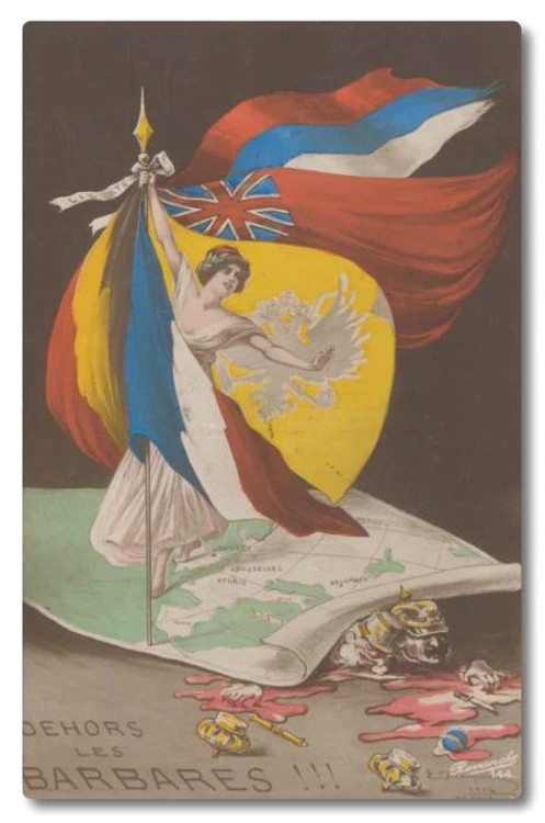 O carte poştală franceză din 1914 suprinde Libertatea care ţine steagurile Franţei, Marii Britanii, Belgiei şi Rusiei în timp ce zdrobeşte sub harta Europei liderii Germaniei şi Austro-Ungariei