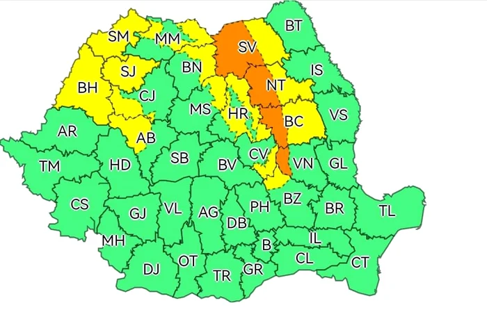 Hartă cod galben și portocaliu, joi și vineri - FOTO ANM 
