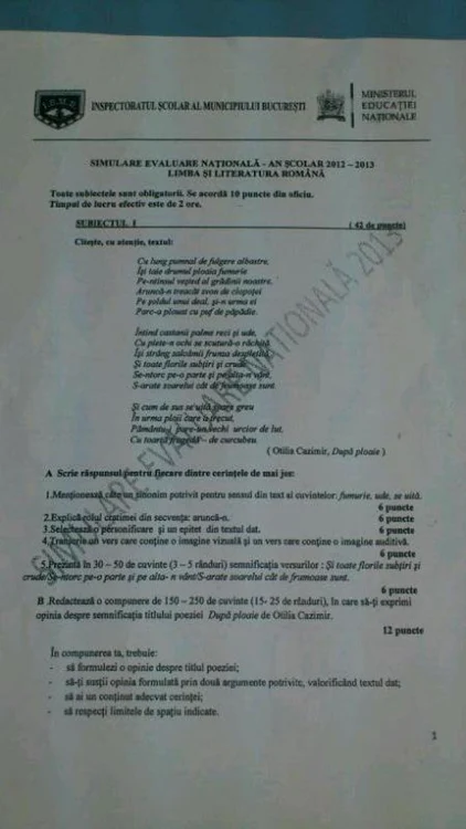 Simulare Evaluare Nationala limba romana