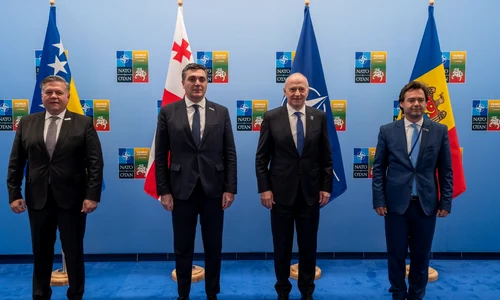 Summitul NATO de la Vilnius (de la stânga la dreapta): Josip Brkić, Ilia Darchiashvili, secretarul general adjunct NATO Mircea Geoană și Nicolae Popescu (© NATO)