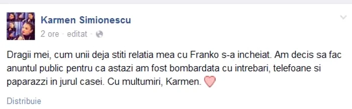 Aşa arată mesajul pe care fiica lui Minune l-a postat pe Facebook