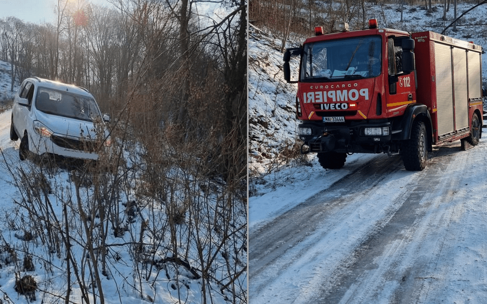 Șofer salvat înainte de a se prăbuși în prăpastie, pe un drum cu gheață. Pompierii i-au venit în ajutor