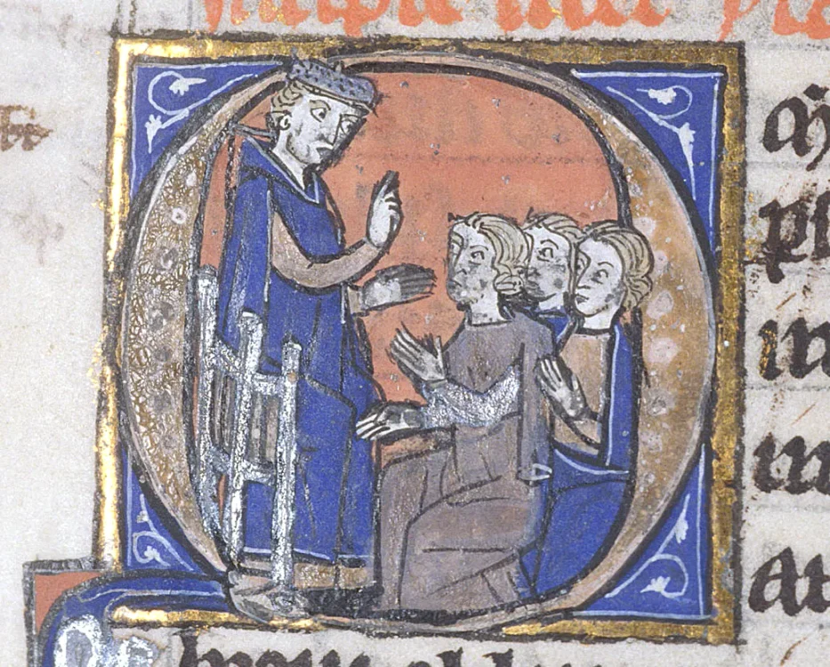 Detaliu dintr-o inițială istoriată reprezentând un profesor și studenții săi, British Library, Harle