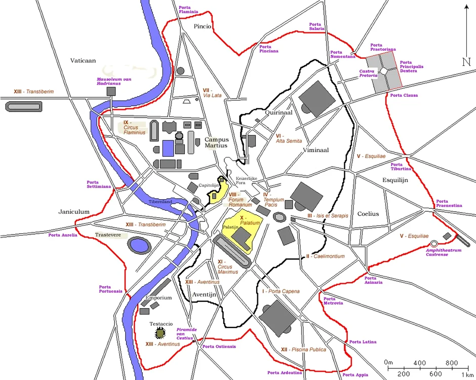 Roma, înconjurată de Zidul lui Aurelian (cu roșu)