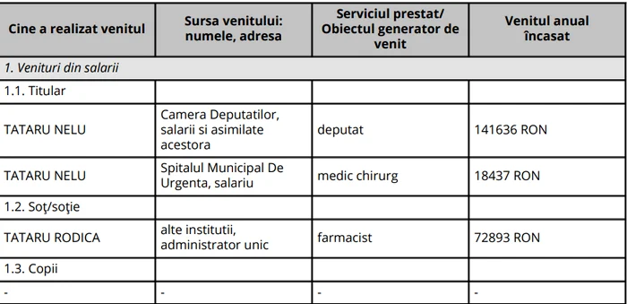 Veniturile anuale ale lui Nelu Tătaru conform declarației de avere anuale până la 15 iunie 2024