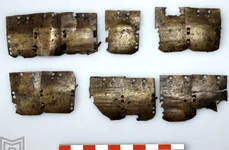 Cele 12 plăcuțe ce făceau parte dintr-o lorica squamata descoperită la Militari-Câmpul Boja, București (© Muzeul Municipiului București)