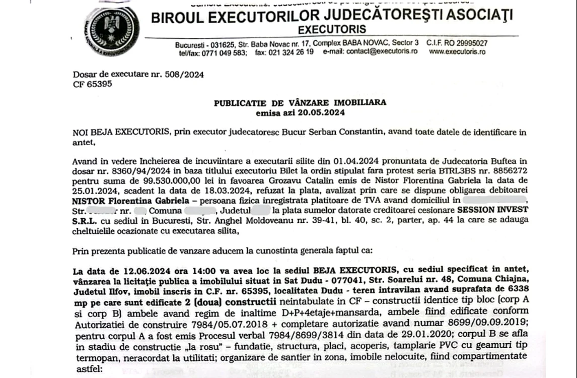 Publicație de vânzare imobiliară