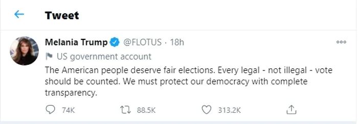 Melania Trump, prima reacție pe Twitter după înfrângerea lui Donald