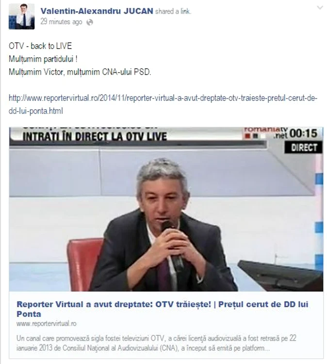 Postarea lui Valentin Jucan de pe Facebook
