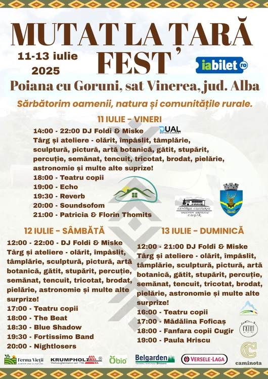 Programul festivalului din 11-13 iulie 2025, de la Poiana cu Goruni din satul Vinerea, Alba
