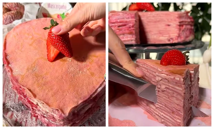 Tort roz de clătite / Foto: captură video TikTok Cosânzenele gătesc