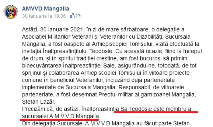 Teodosie si asociatia veteranilor militari foto FB AMVVD