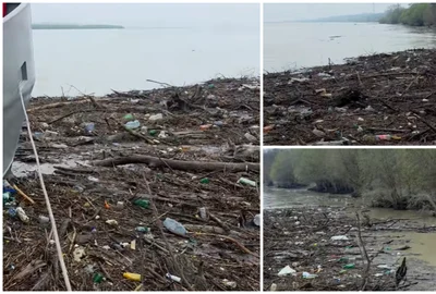 Dunărea, sufocată de gunoaie la Galați după viituri. Autoritățile și firmele, somate să intervină urgent FOTO: captură video Facebook/Giv Viorel
