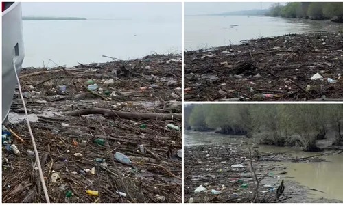 Dunărea, sufocată de gunoaie la Galați după viituri. Autoritățile și firmele, somate să intervină urgent FOTO: captură video Facebook/Giv Viorel