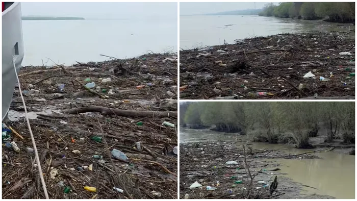Dunărea a fost invadată de deșeuri la Galați. FOTO: captură video Facebook/Giv Viorel