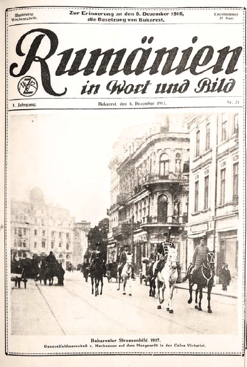 Mareşalul August von Mackensen, pe calul său alb, pe Calea Victoriei  