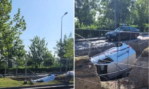 Mașină căzută în groapă în București Foto Info Trafic București și Ilfov jpg