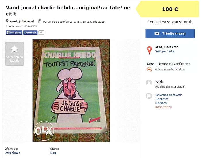 
    Preţiosul număr al revistei franceze costă între 50 şi 100 de euro, pe Internetcaptură: olx.ro  