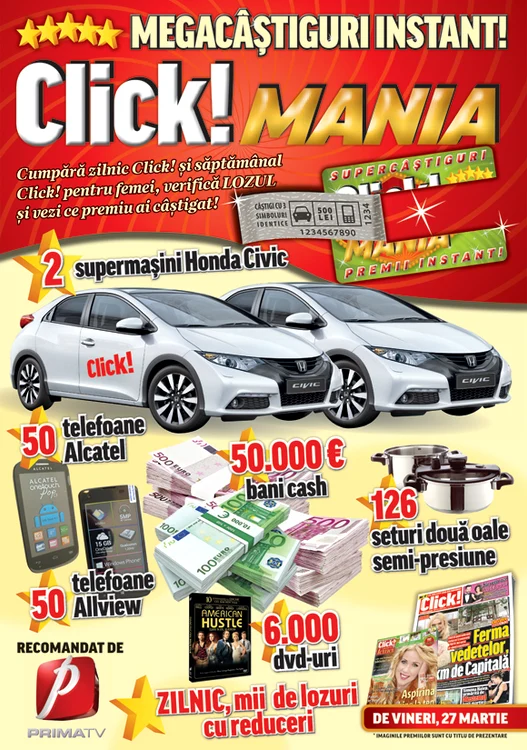 Concursul Click!Mania oferă premii în bani, mașini, telefoane, dar și alte surprizefoto: Click!