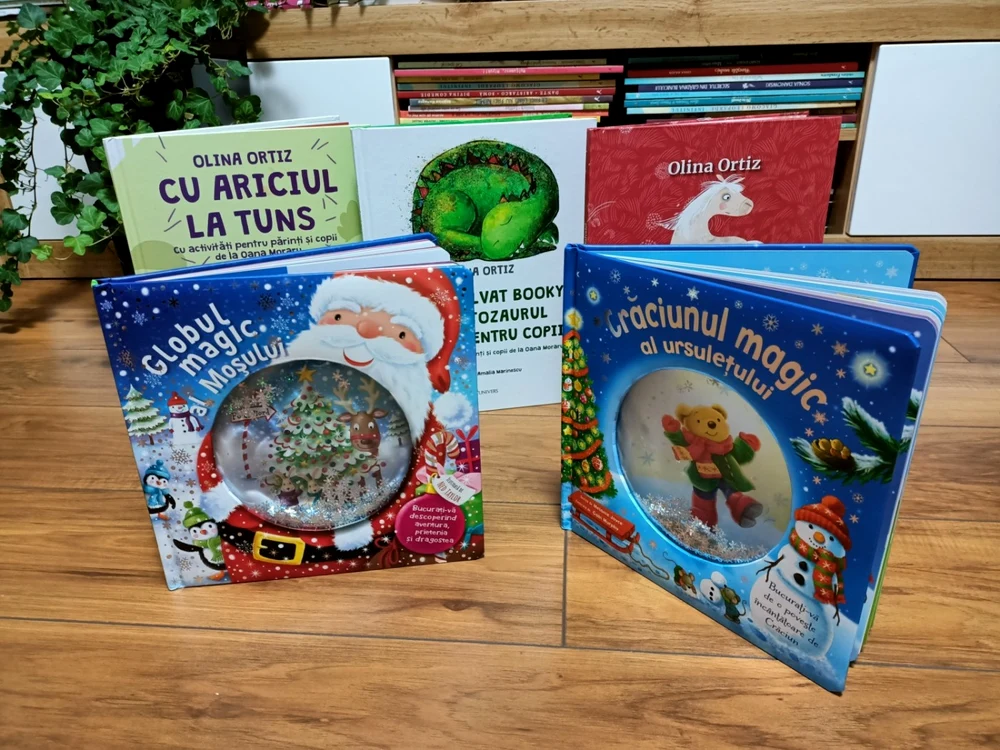 Copertele cărţilor din seria scrisă de Olina Ortiz cu recomandări de activităţi pentru părinţi şi copii de la Oana Moraru, Editura Univers şi Globul magic al Moşului, Crăciunul magic al ursuleţului, Editura Meteor Press