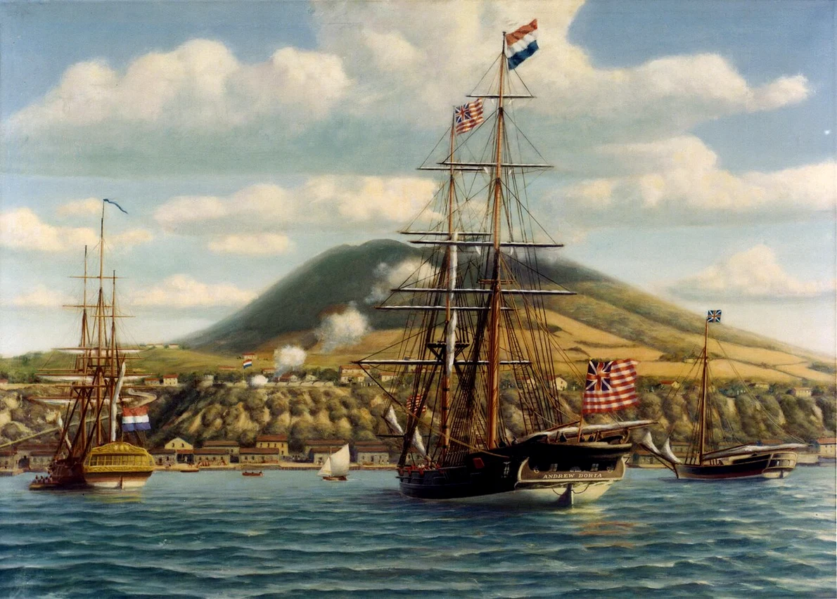 Nava Andrew Doria primind „Primul Salut” de la Fortul Oranje, la 16 noiembrie 1776 (©  Wikimedia Commons)