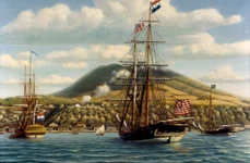 Nava Andrew Doria primind „Primul Salut” de la Fortul Oranje, la 16 noiembrie 1776 (© Wikimedia Commons)