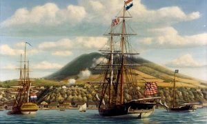 Nava Andrew Doria primind „Primul Salut” de la Fortul Oranje, la 16 noiembrie 1776 (© Wikimedia Commons)