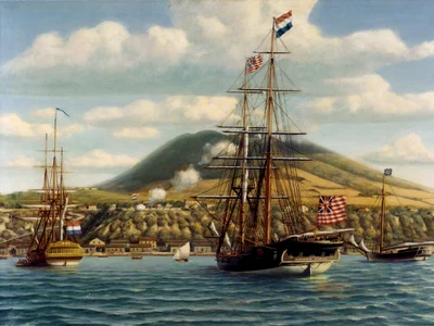 Nava Andrew Doria primind „Primul Salut” de la Fortul Oranje, la 16 noiembrie 1776 (©  Wikimedia Commons)