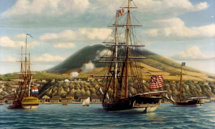 Nava Andrew Doria primind „Primul Salut” de la Fortul Oranje, la 16 noiembrie 1776 (©  Wikimedia Commons)