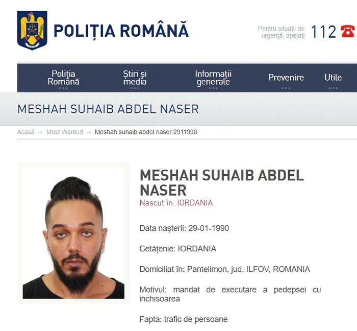 Meshah Suhaib, căutat de polițiști Foto: Poliția Română