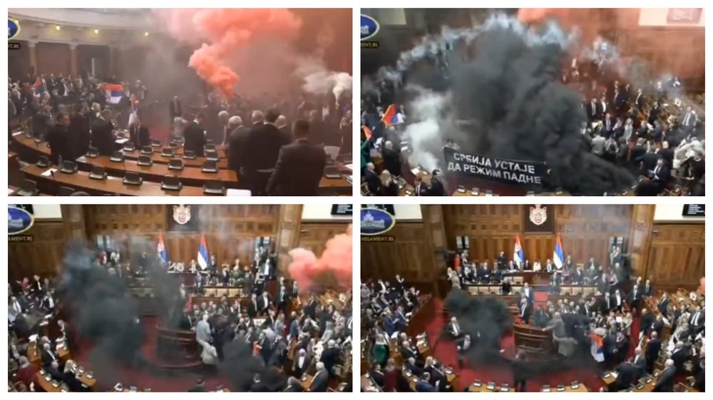 Haos și violențe în Parlamentul Serbiei. Deputații opoziției sârbe au aruncat cu grenade fumigene