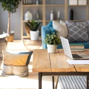 Decoratiuni interioare - canapea - laptop - masa de lemn - birou - FOTO Shutterstock 