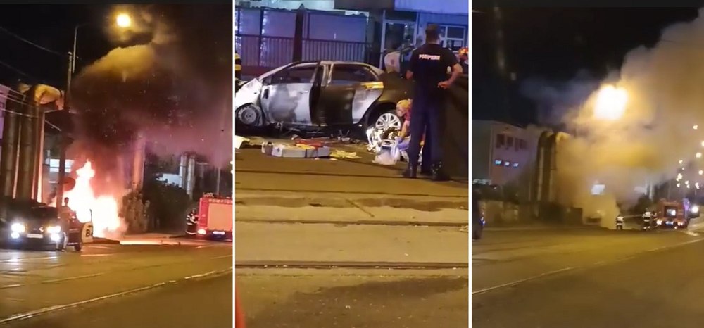Doi tineri, carbonizați în mașina cu care s-au izbit de un stâlp. Un al treilea a scăpat, proiectat din autoturism VIDEO
