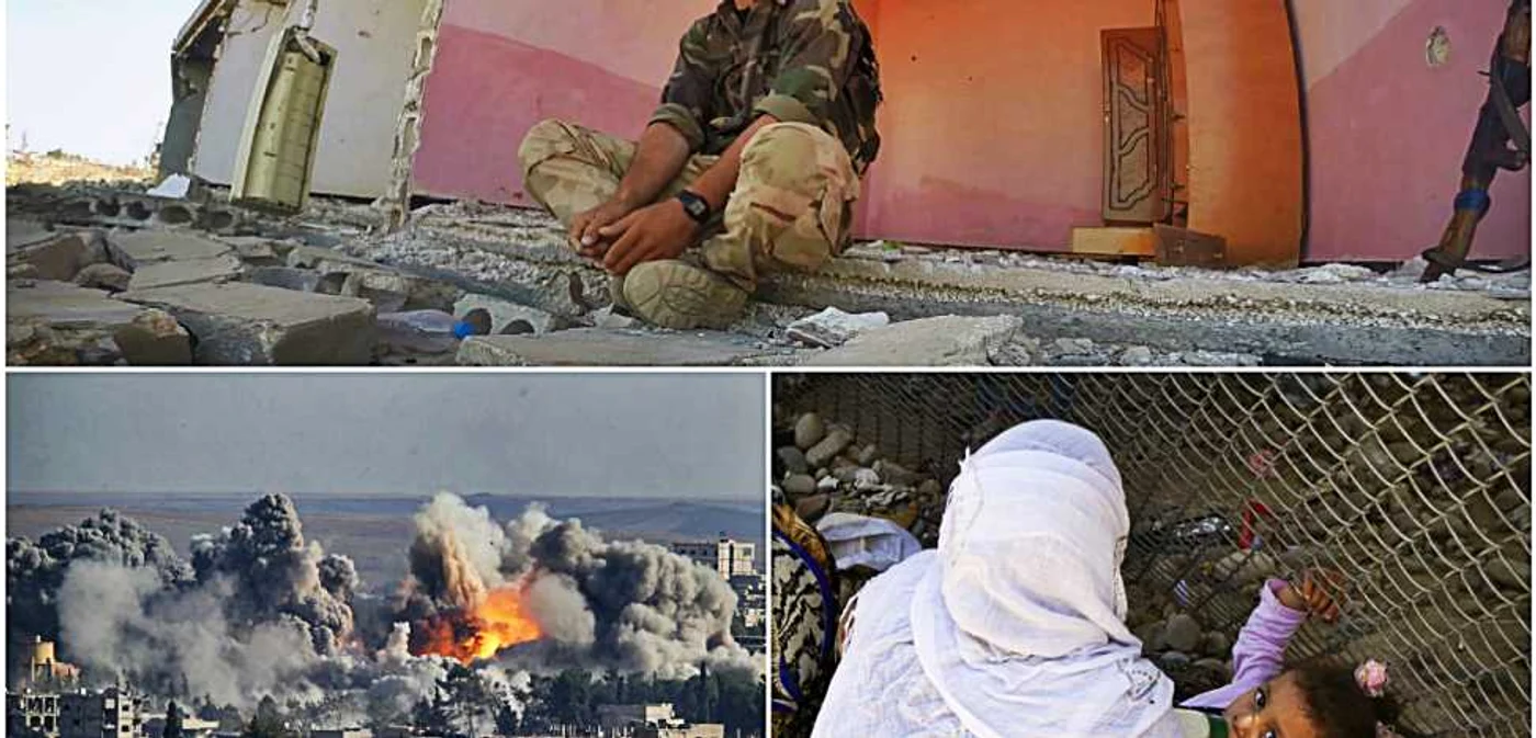 Românul Ruben pe frontul din Siria, în apropiere de oraşul Kobane (stânga jos). În dreapta, o familie de refugiaţi sirieni aşteaptă să treacă graniţa în Irak FOTO: EPA şi Mircea Barbu