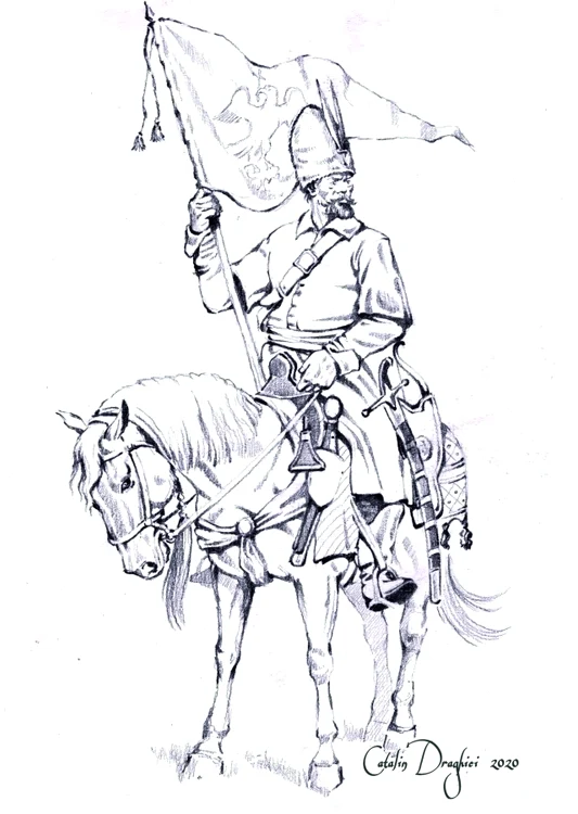 Călăreț din cavaleria ușoară munteană, foarte posibil mic boier. Are în dotare atât armă de foc, cât și sabie de tip oriental și ține în mâna dreaptă un stindard cu stema Țării Românești din vremea lui Mihai Viteazul, reconstituit după relatarea cont