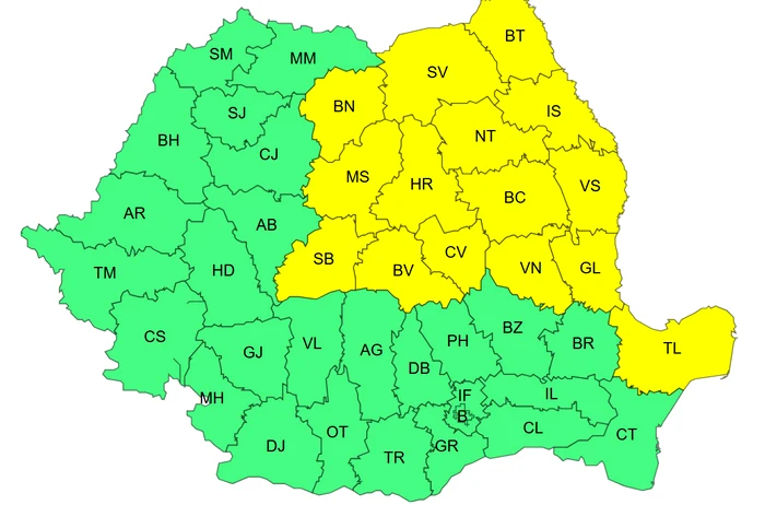 Potrivit ANM, codul galben vizează 15 județe / Sursa foto: ANM