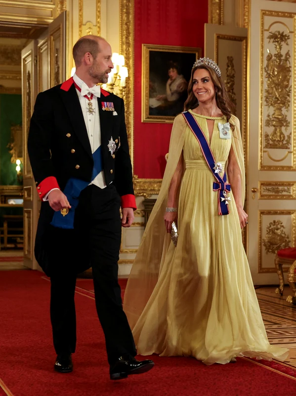 Prințesa Kate în rochie galbenă și cu tiara Queen Mary's Lover's Knot, GettyImages