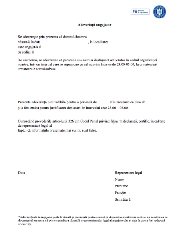 Adeverinţă angajator - restricţii noiembrie 2020 Sursa stirioficiale.ro