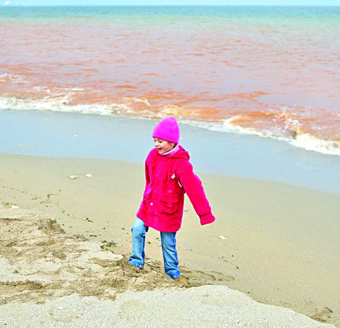 Copiii s-au mirat de noua culoare pe care a căpătat-o marea peste noapte