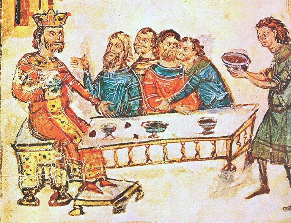 Hanul Krum al bulgarilor este servit cu vin în cupa făcută din craniul lui Nikifor