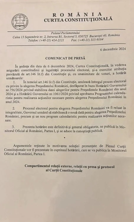 Comunicatul de presă emis de CCR