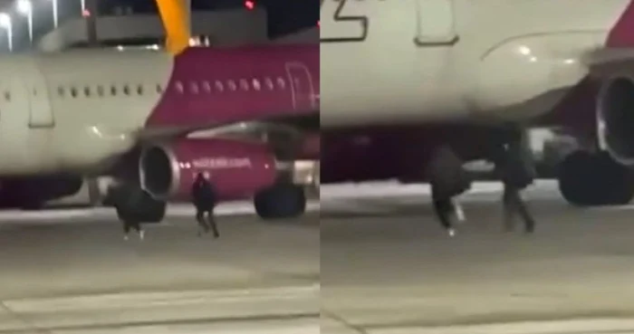Doi români filmați alergând pe pistă după un avion Wizz Air / foto: colaj captură video