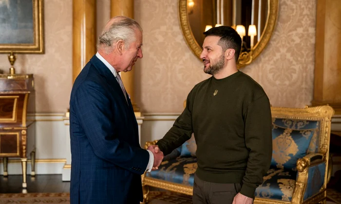 Președintele ucrainean Volodimir Zelenski, primit la Palatul Buckingham de regele Charles al III-lea (foto: Twitter / The Royal Family)