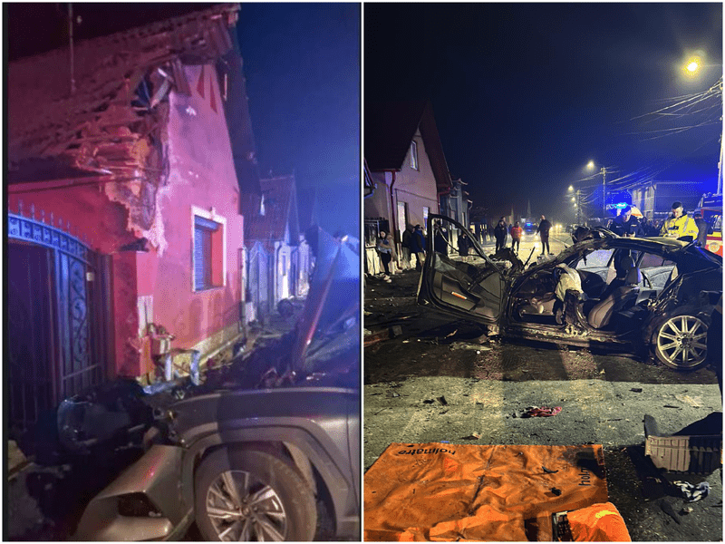 Un BMW condus de un șofer de 19 ani a zburat la propriu în acoperișul unei case. Patru răniți în urma unei curse de mașini