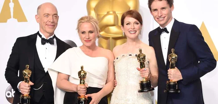 Câştigătorii Oscar 2015 la categoriile de interpretare: J.K. Simmons, Patricia Arquette, Julianne Moore şi Eddie Redmayne FOTO Getty Images