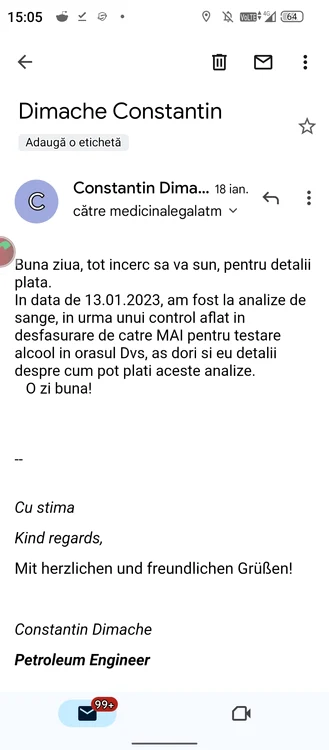 E-mailul trimis de Constantin Dimache la IML Timiș, fără răspuns SURSA C.D.