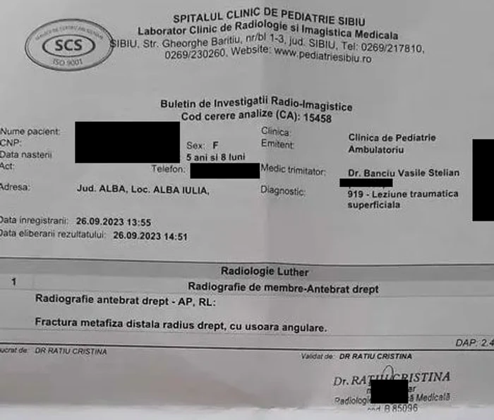 Documentul de la spitalul din Sibiu