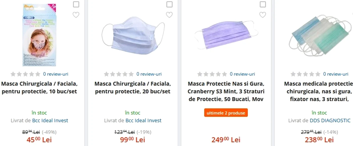 Vândute pe diverse site-uri măștile sunt mai scumpe decât în farmacii 
