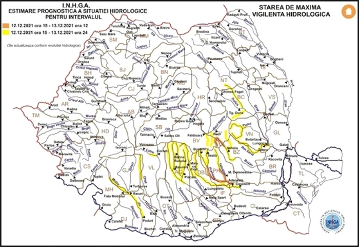 harta avertizări privind fenomene hidrologice periculoase foto ingha